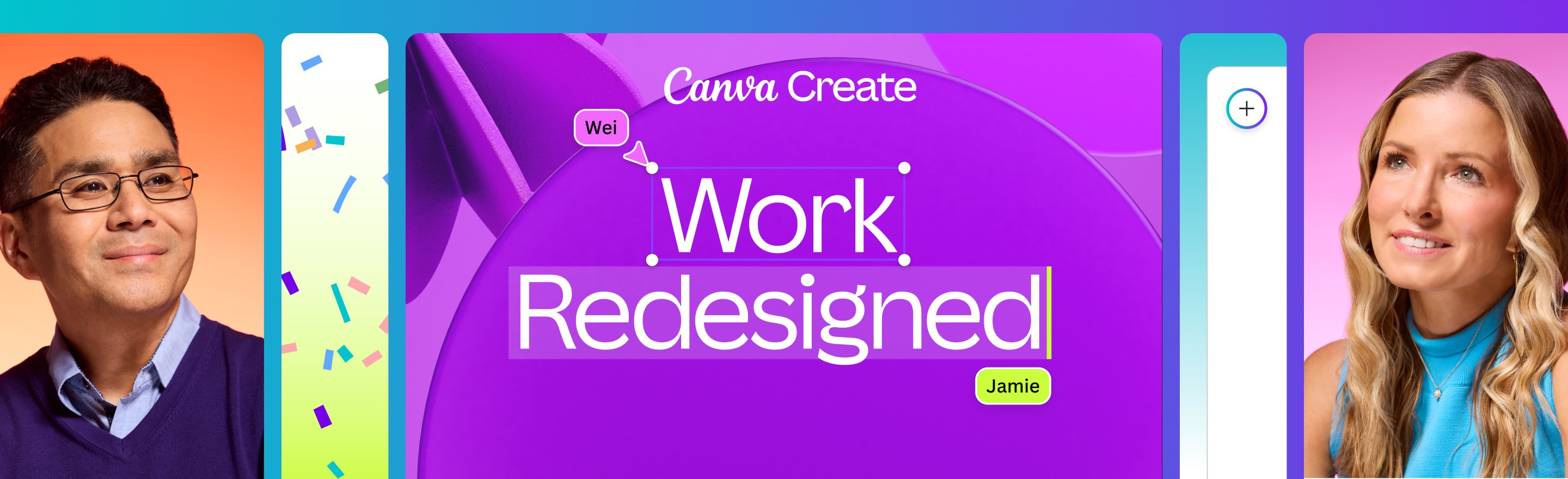 Purple banner with 2 smiling faces and confetti either side and the words Canva Create: Work Redesigned