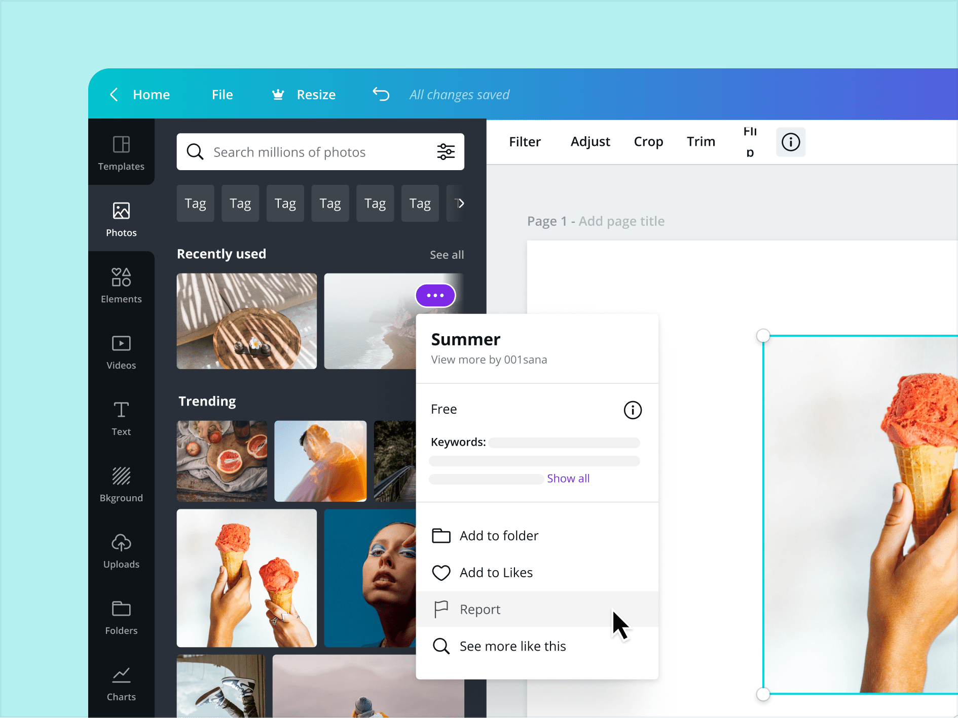 An still screenshot of Canva shows a dropdown menu opened and the mouse cursor hovering over a Report menu item
