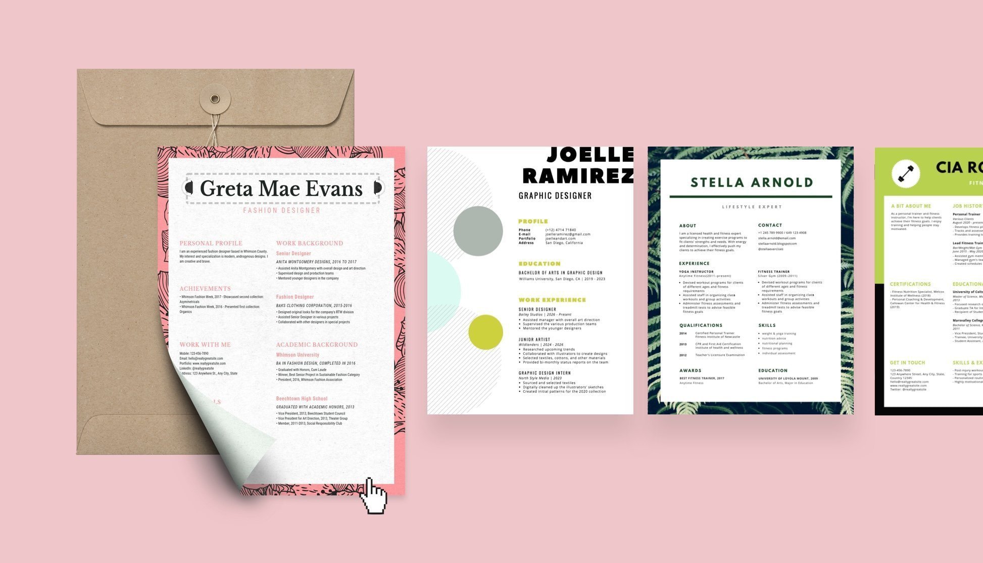 CV de styliste imprimé avec enveloppe kraft et trois autres CV personnalisés faits avec l'outil de création de CV de Canva