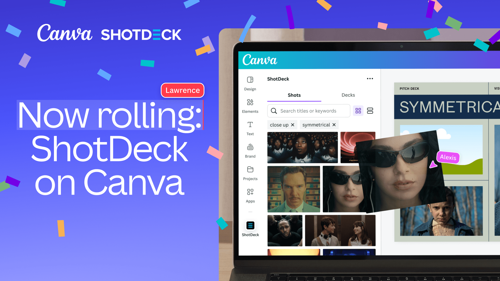 A laptop showing a ShotDeck image being pulled into a Canva design and the heading Now rolling: ShotDeck on Canva