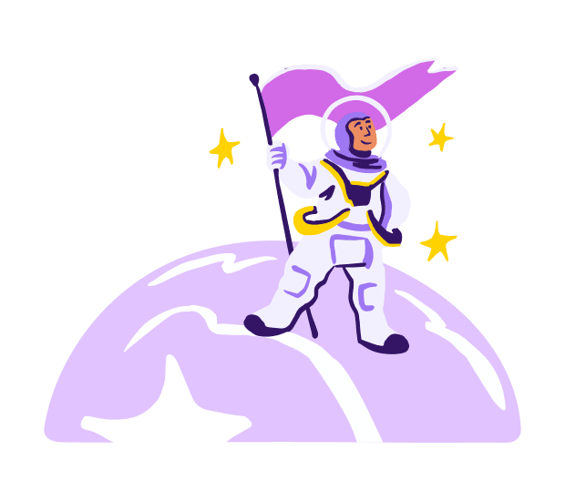 A person in a space suit planting down a flag graphic