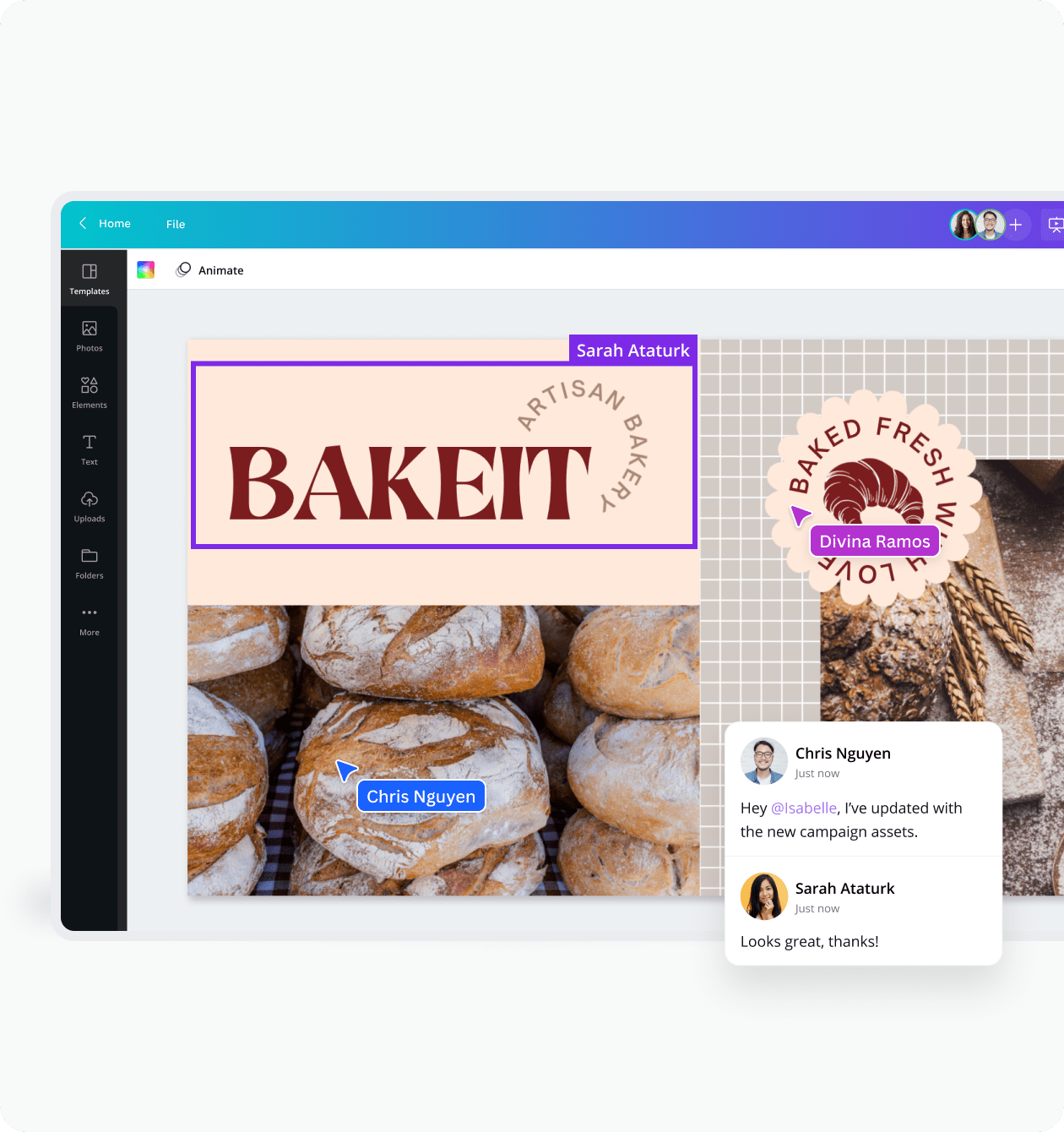 Franchise presentation editing with different team members in Canva