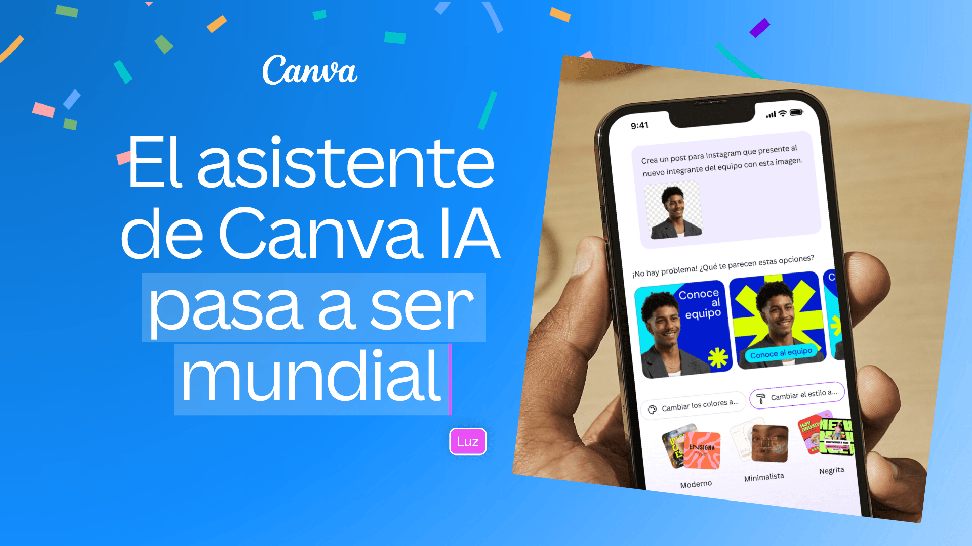 Blue thumbnail saying Canva AI assistant goes global with an image of a phone
