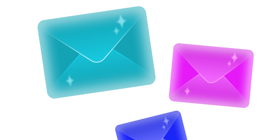 Three colourful sparkling envelopes in blue, pink, and purple floating on a gradient background.
