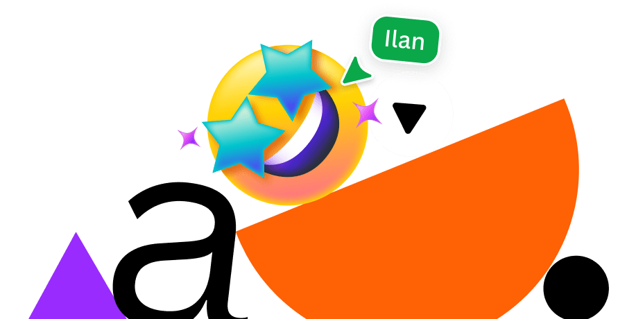 Colourful abstract design with shapes, a sparkle badge, and a cursor label reading Ilan on a purple gradient background.