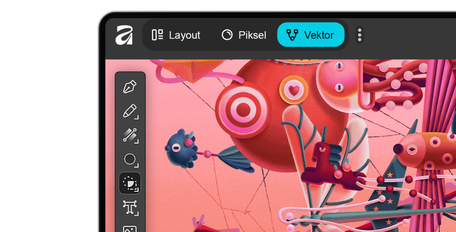 Interface view of the Affinity vector editor showing a colourful abstract illustration with toolbar and editing options visible.