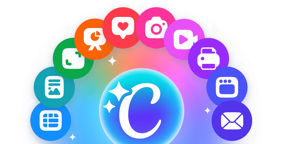 Canva logo surrounded by colourful icons representing different design types, arranged in a semi-circle on a purple gradient background.