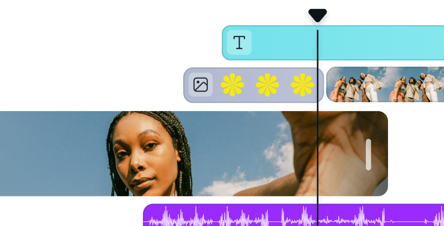 Video editing timeline showing text, images, and audio tracks with a playhead marker on a purple and pink gradient background.