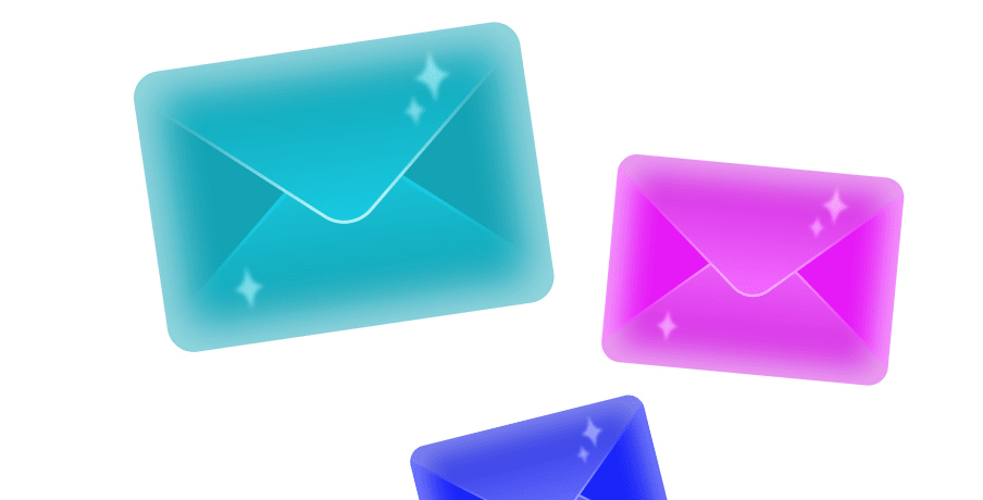 Three colourful sparkling envelopes in blue, pink, and purple floating on a gradient background.