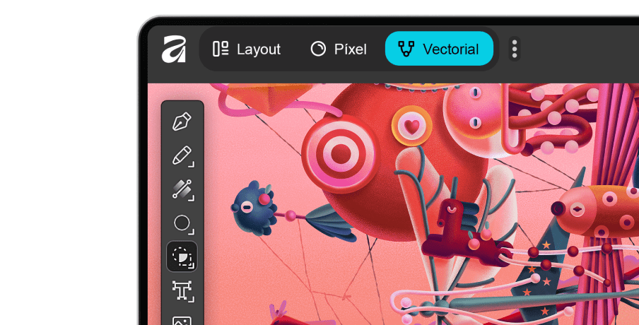 Interface view of the Affinity vector editor showing a colourful abstract illustration with toolbar and editing options visible.