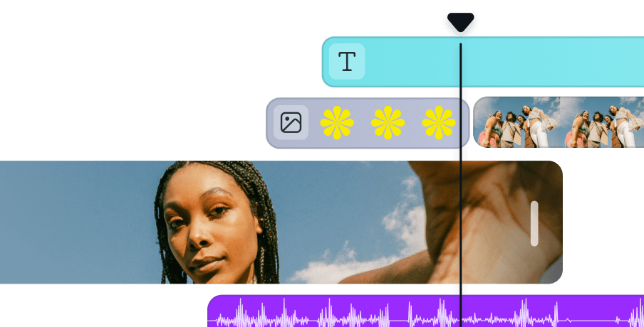 Video editing timeline showing text, images, and audio tracks with a playhead marker on a purple and pink gradient background.