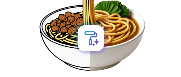Illustration showing a half-drawn bowl of noodles transforming in style, with a paint roller icon in the centre.