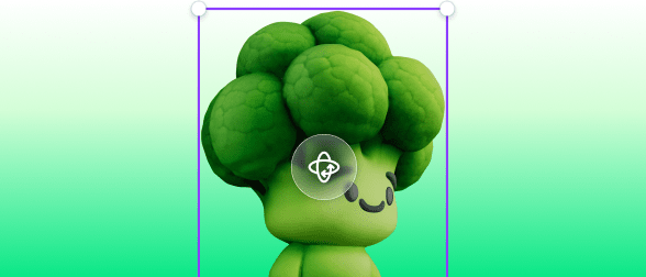 3D illustration of a smiling broccoli character with a move cursor icon on a green gradient background.