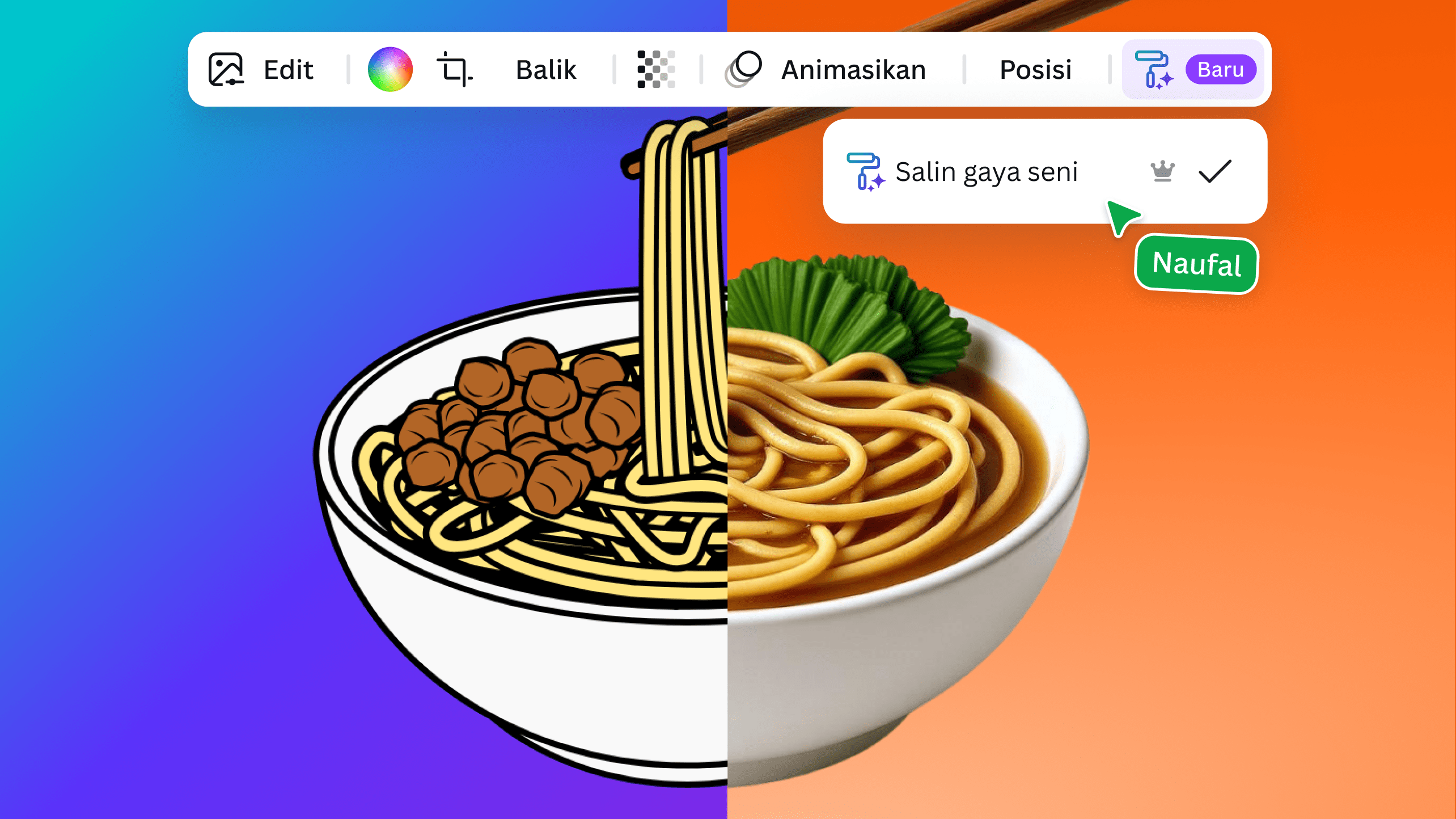 Illustration showing a bowl of noodles transitioning from a cartoon style to a realistic photo, with a cursor label reading Nate and a Copy art style tool.