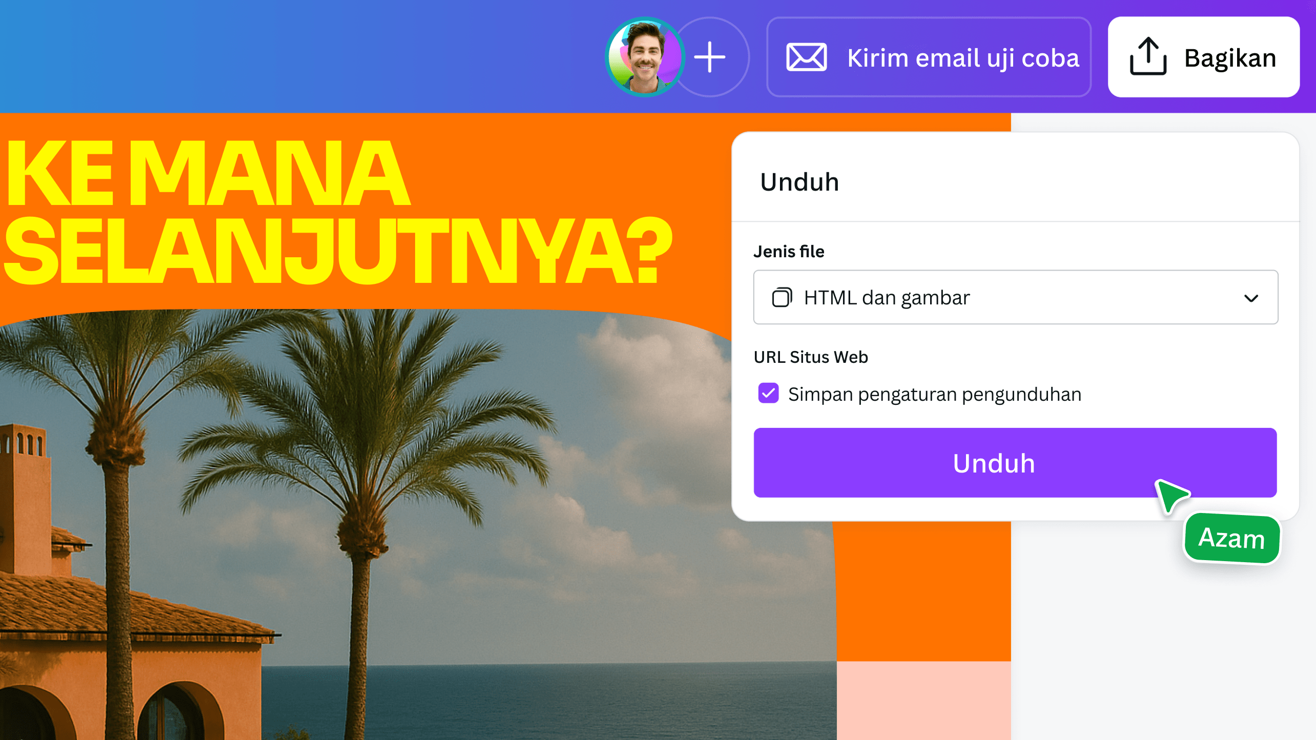 Canva interface showing a travel-themed email design with a download settings panel open and a green cursor label reading Ale.