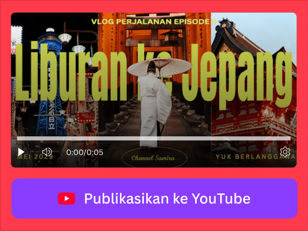 Video thumbnail titled Japan Trip with a travel scene and a Publish to YouTube button below.