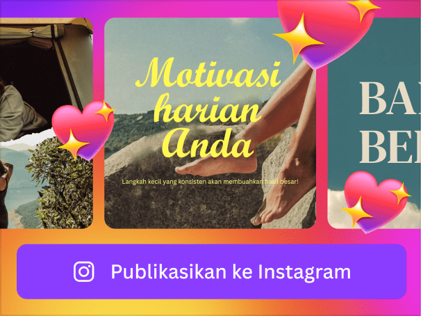 Instagram-style preview showing a motivational post with heart and sparkle icons and a Publish to Instagram button.
