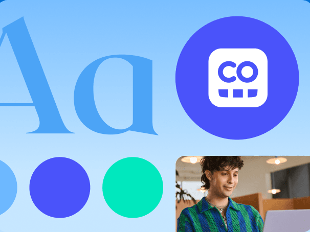 Graphic showing typography samples, colour swatches, and a circular logo with the letters C and O, next to a person smiling at a laptop.