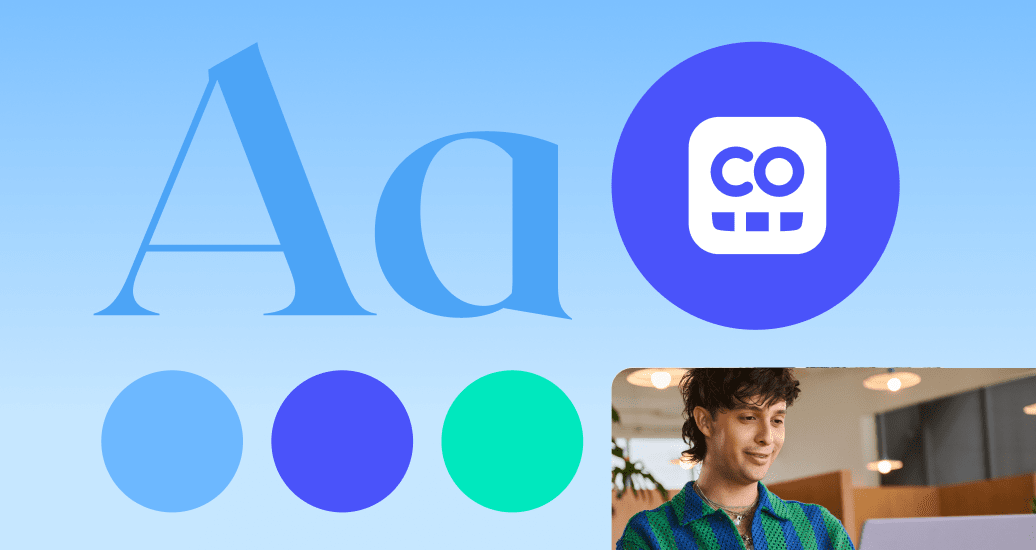 Graphic showing typography samples, colour swatches, and a circular logo with the letters C and O, next to a person smiling at a laptop.