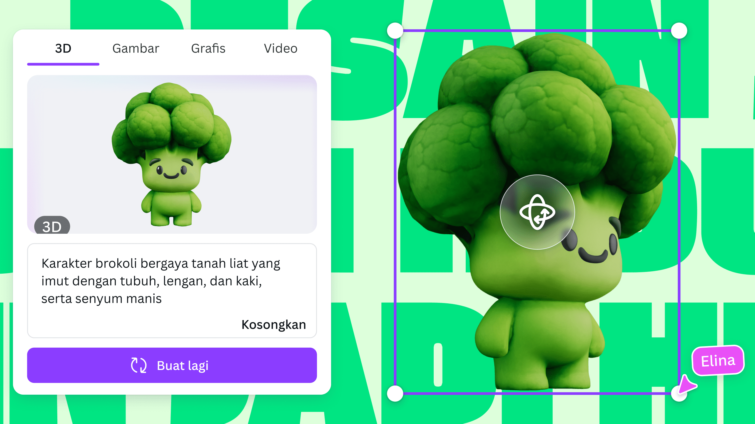 Canva interface showing a 3D clay-style broccoli character with a smiling face and a move cursor, tagged with the name Ellen.