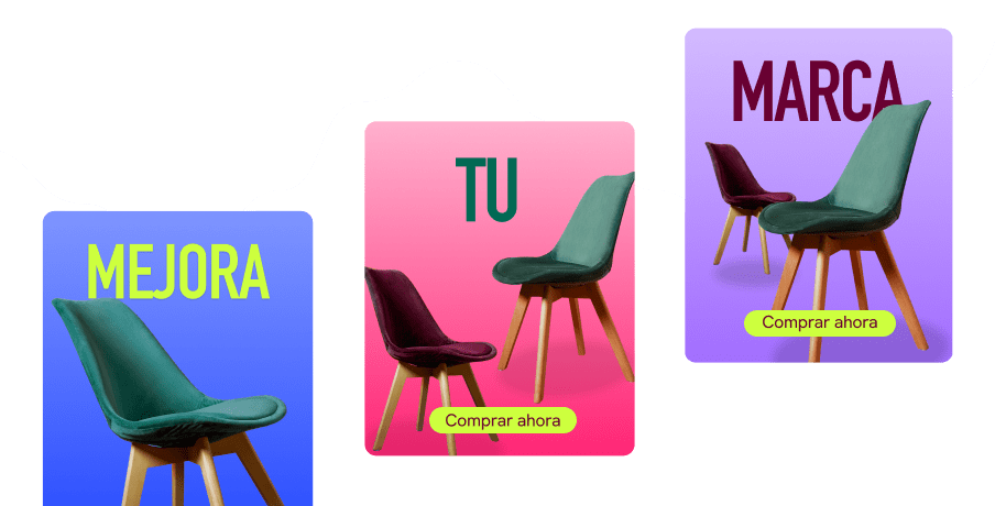 Three colourful cards featuring modern chairs with text overlays and Shop Now buttons, arranged on a green gradient background.