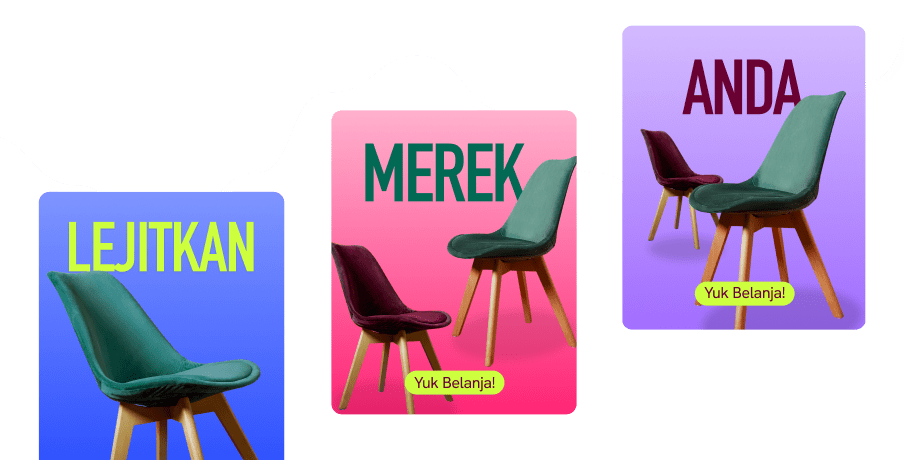Three colourful cards featuring modern chairs with text overlays and Shop Now buttons, arranged on a green gradient background.
