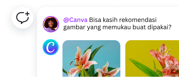 Interface showing a comment from a user asking @Canva for image suggestions, with floral photos displayed below.
