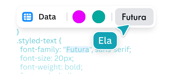 Interface showing design settings with labels for Data, colours, and font Futura, with a cursor tag reading Jo.