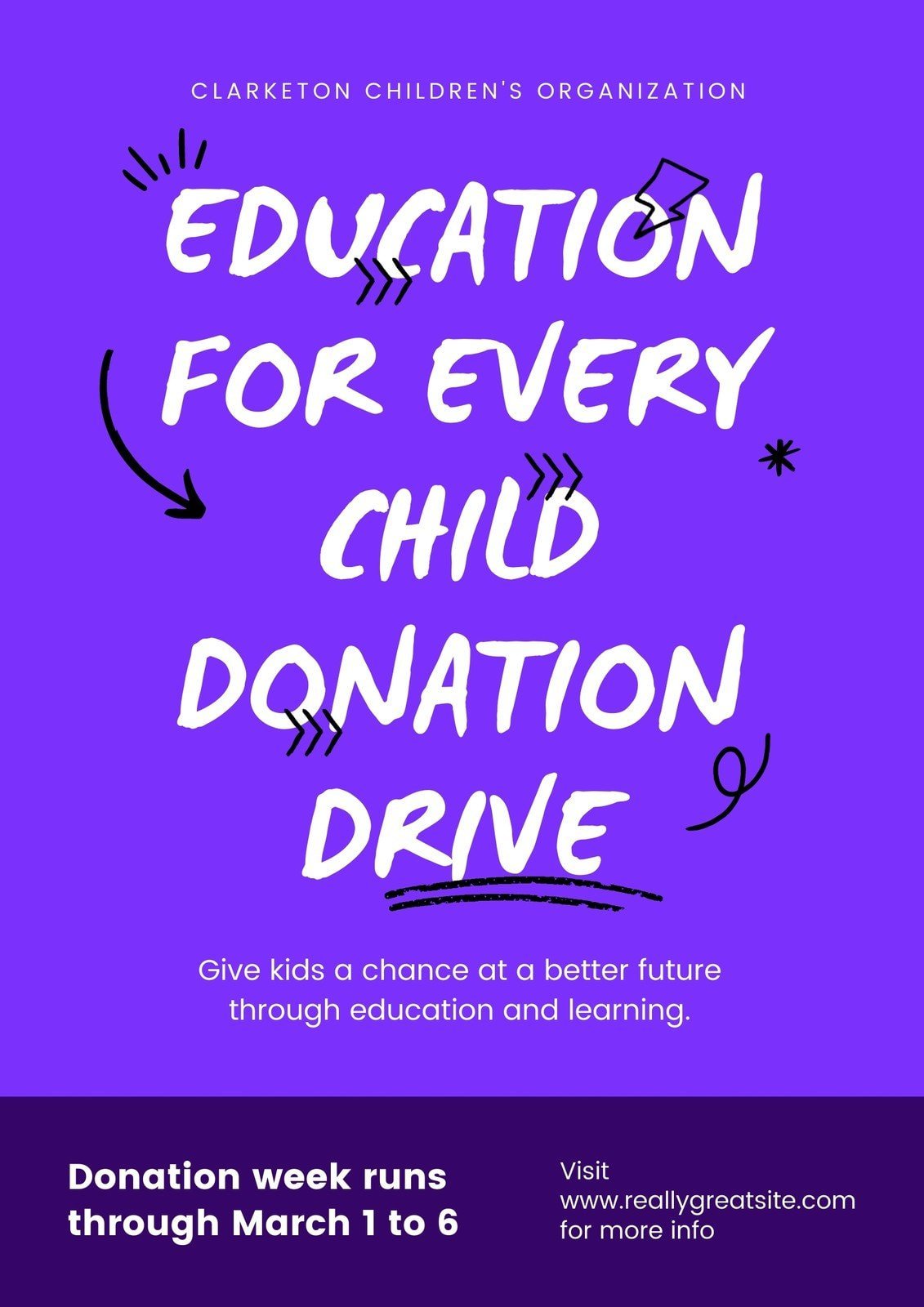 Purple and White Scribbles Education Animated Donation Event Poster