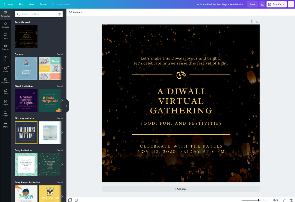 Design Custom Diwali Invitation Cards for Free Canva