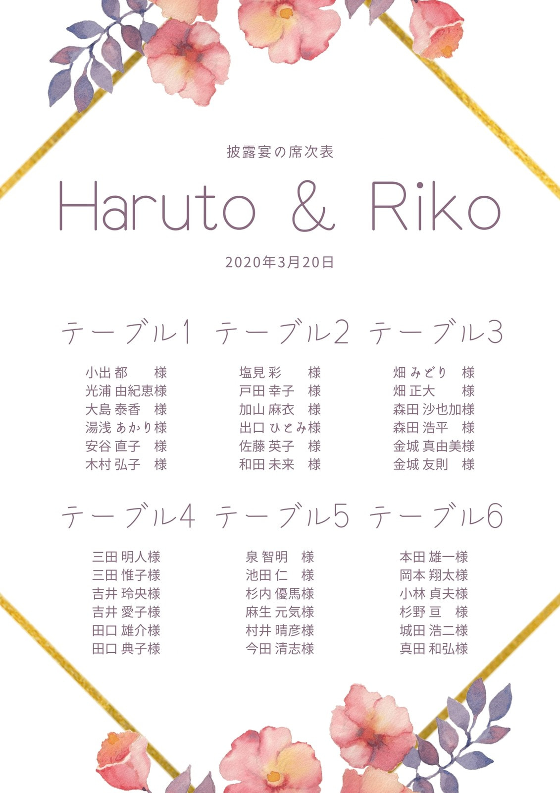 結婚式席次表を手作り 無料デザインテンプレートでおしゃれに簡単に作成 Canva