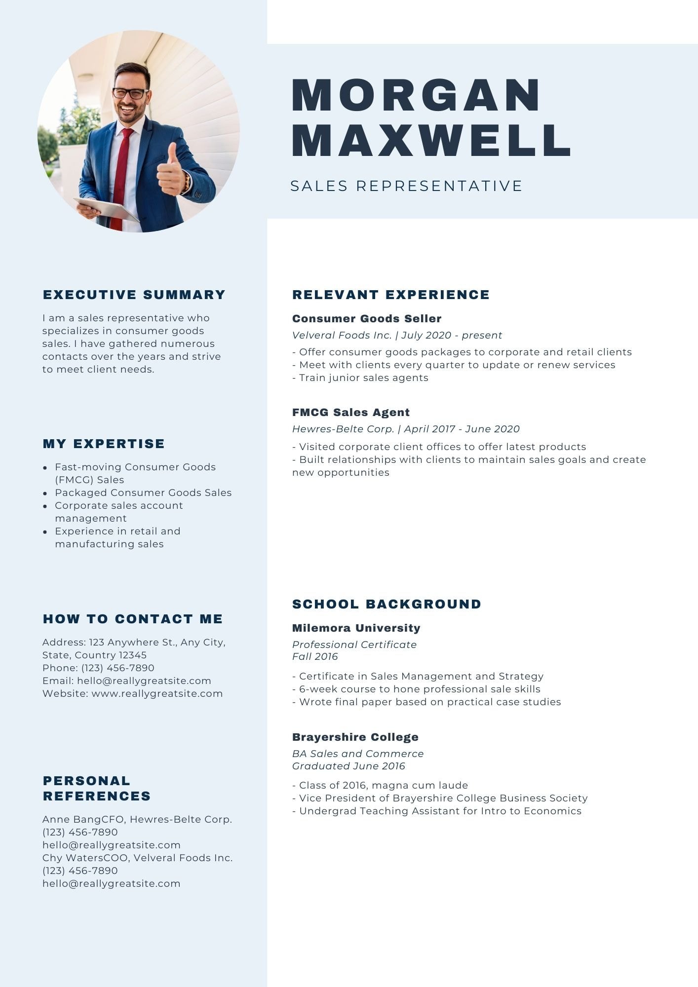 Blue and Dark Blue Consumer Goods Sales Representative Resume