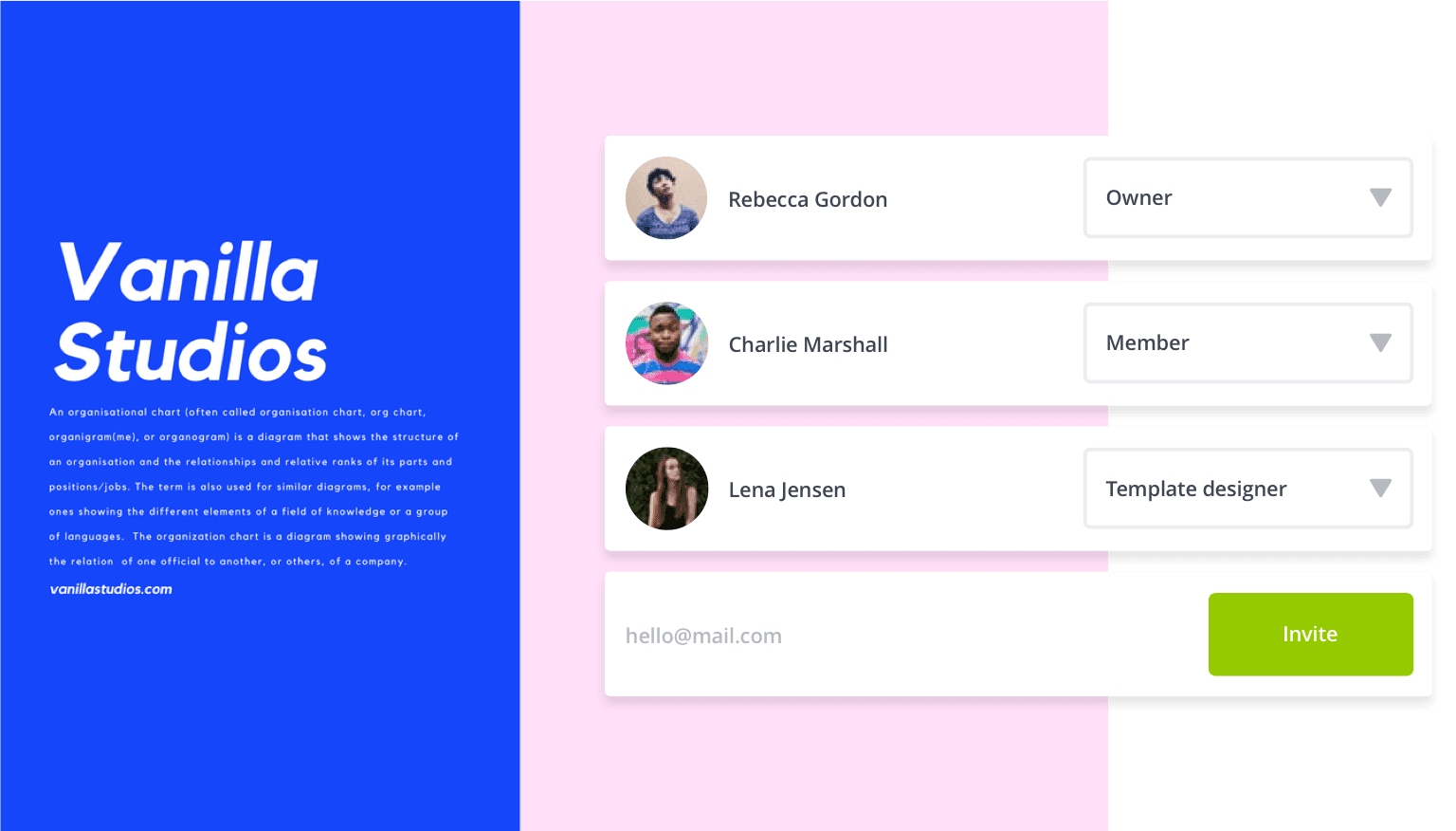 Build your own team and share contents with ease.